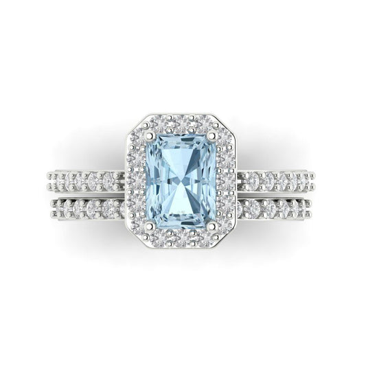 2.16 cttw Emerald Cut Natural Swiss Blue Topaz Bridal Set - Solid White Gold Engagement Ring & Wedding Band