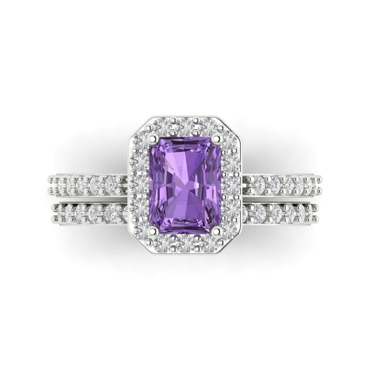 2.16 cttw Emerald Cut Simulated Alexandrite Bridal Set - Solid White Gold Engagement Ring & Wedding Band