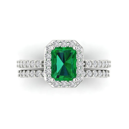 2.16 cttw Emerald Cut Simulated Emerald Bridal Set - Solid White Gold Engagement Ring & Wedding Band