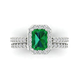 2.22 ct Brilliant Emerald Cut Simulated Emerald Stone White Gold Halo Solitaire with Accents Bridal Set