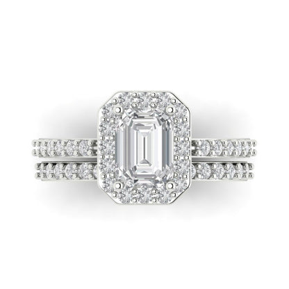 2.16 cttw Emerald Cut White Sapphire Bridal Set - Solid White Gold Engagement Ring & Wedding Band