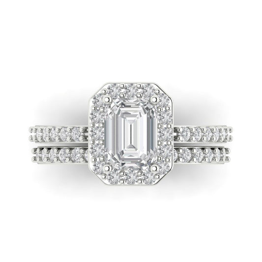 2.16 cttw Emerald Cut White Sapphire Bridal Set - Solid White Gold Engagement Ring & Wedding Band
