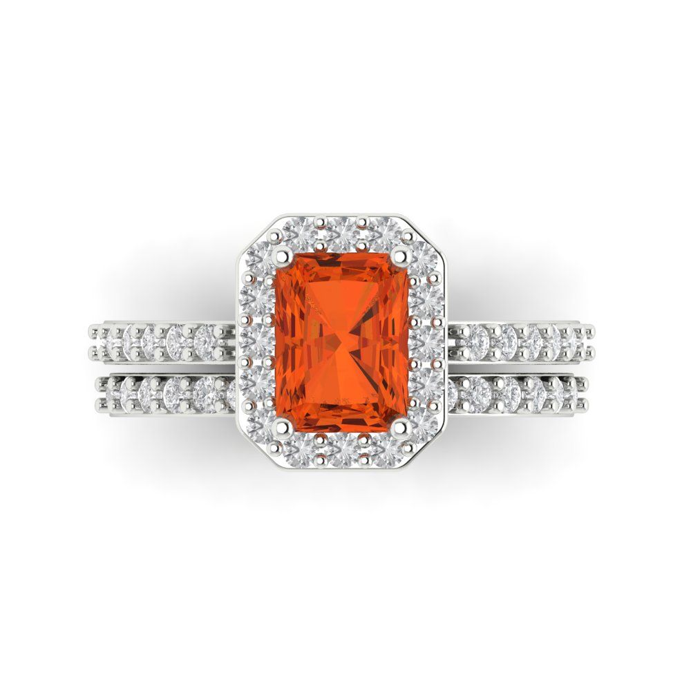 2.16 cttw Emerald Cut Simulated Red Diamond Bridal Set - Solid White Gold Engagement Ring & Wedding Band