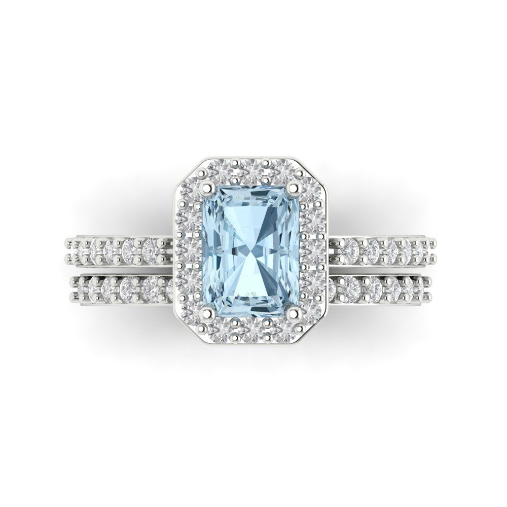 2.16 cttw Emerald Cut Natural Sky Blue Topaz Bridal Set - Solid White Gold Engagement Ring & Wedding Band
