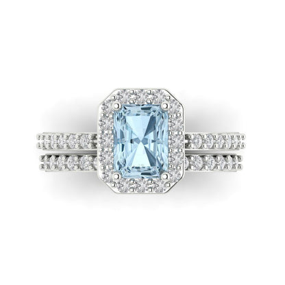 2.16 cttw Emerald Cut Natural Sky Blue Topaz Bridal Set - Solid White Gold Engagement Ring & Wedding Band