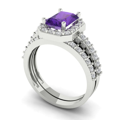 2.16 cttw Emerald Cut Natural Amethyst Bridal Set - Solid White Gold Engagement Ring & Wedding Band