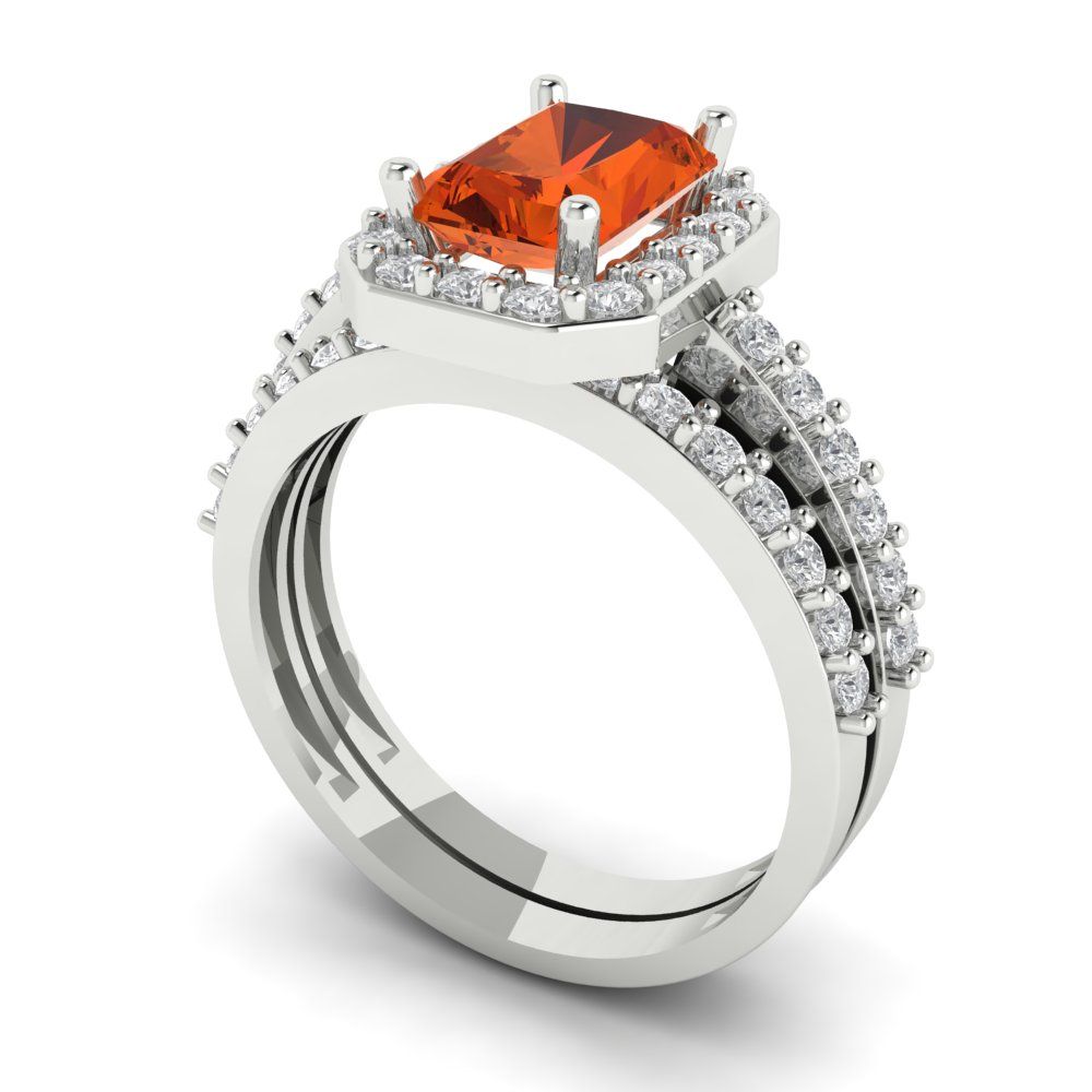 2.16 cttw Emerald Cut Simulated Red Diamond Bridal Set - Solid White Gold Engagement Ring & Wedding Band