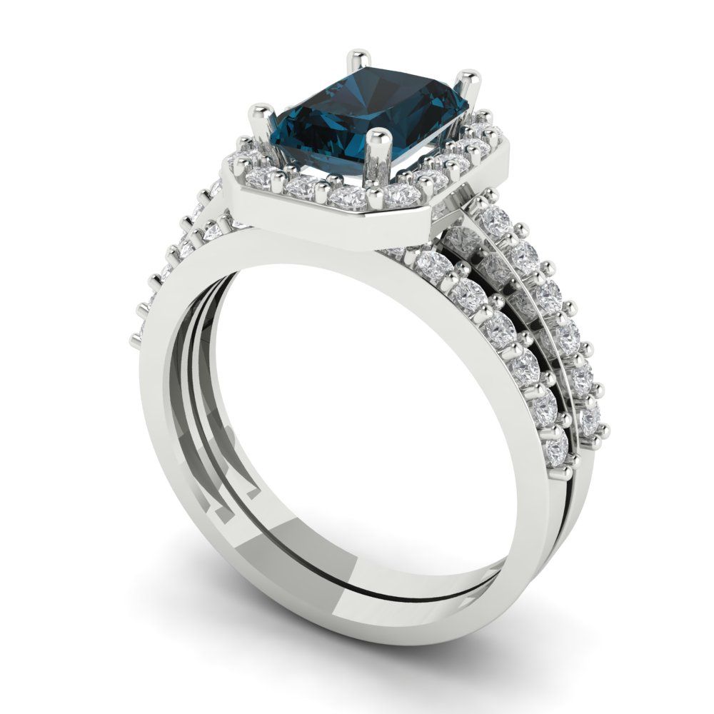 2.16 cttw Emerald Cut Natural London Blue Topaz Bridal Set - Solid White Gold Engagement Ring & Wedding Band