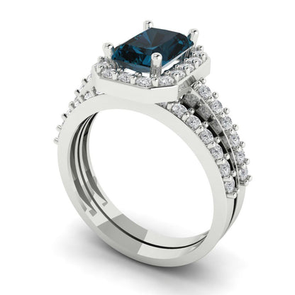 2.16 cttw Emerald Cut Natural London Blue Topaz Bridal Set - Solid White Gold Engagement Ring & Wedding Band