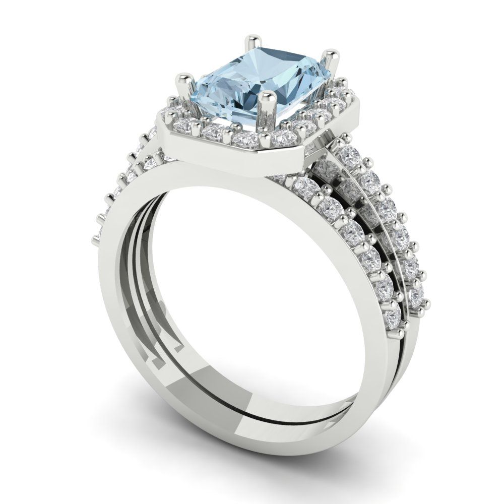 2.16 cttw Emerald Cut Natural Sky Blue Topaz Bridal Set - Solid White Gold Engagement Ring & Wedding Band