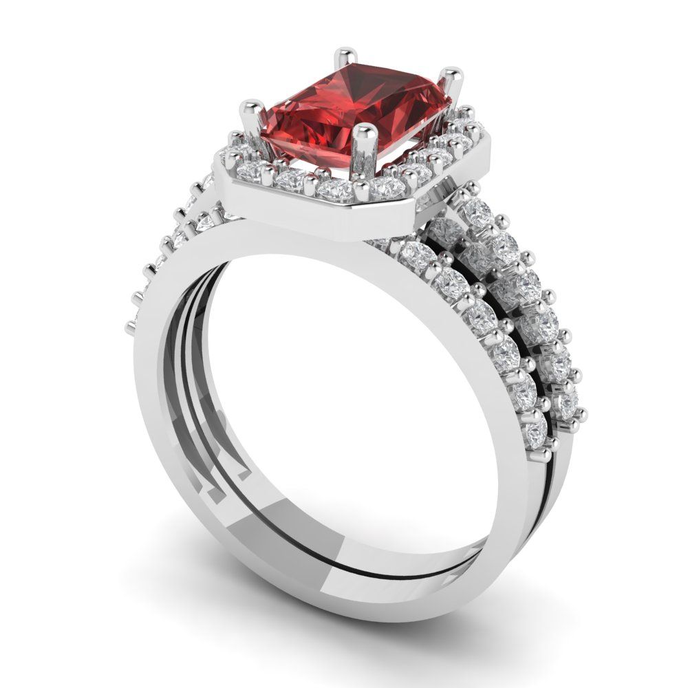 2.16 cttw Emerald Cut Natural Garnet Bridal Set - Solid White Gold Engagement Ring & Wedding Band