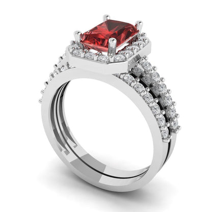 2.16 cttw Emerald Cut Natural Garnet Bridal Set - Solid White Gold Engagement Ring & Wedding Band