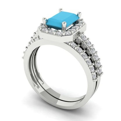2.16 cttw Emerald Cut Simulated Turquoise Bridal Set - Solid White Gold Engagement Ring & Wedding Band