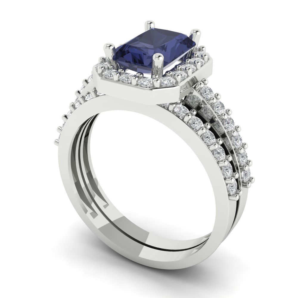 2.16 cttw Emerald Cut Simulated Blue Sapphire Bridal Set - Solid White Gold Engagement Ring & Wedding Band
