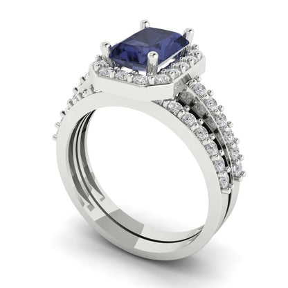 2.16 cttw Emerald Cut Simulated Blue Sapphire Bridal Set - Solid White Gold Engagement Ring & Wedding Band