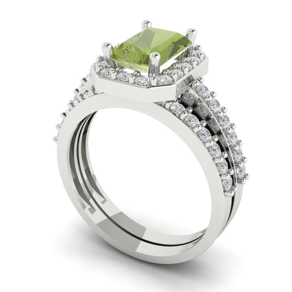 2.16 cttw Emerald Cut Natural Peridot Bridal Set - Solid White Gold Engagement Ring & Wedding Band
