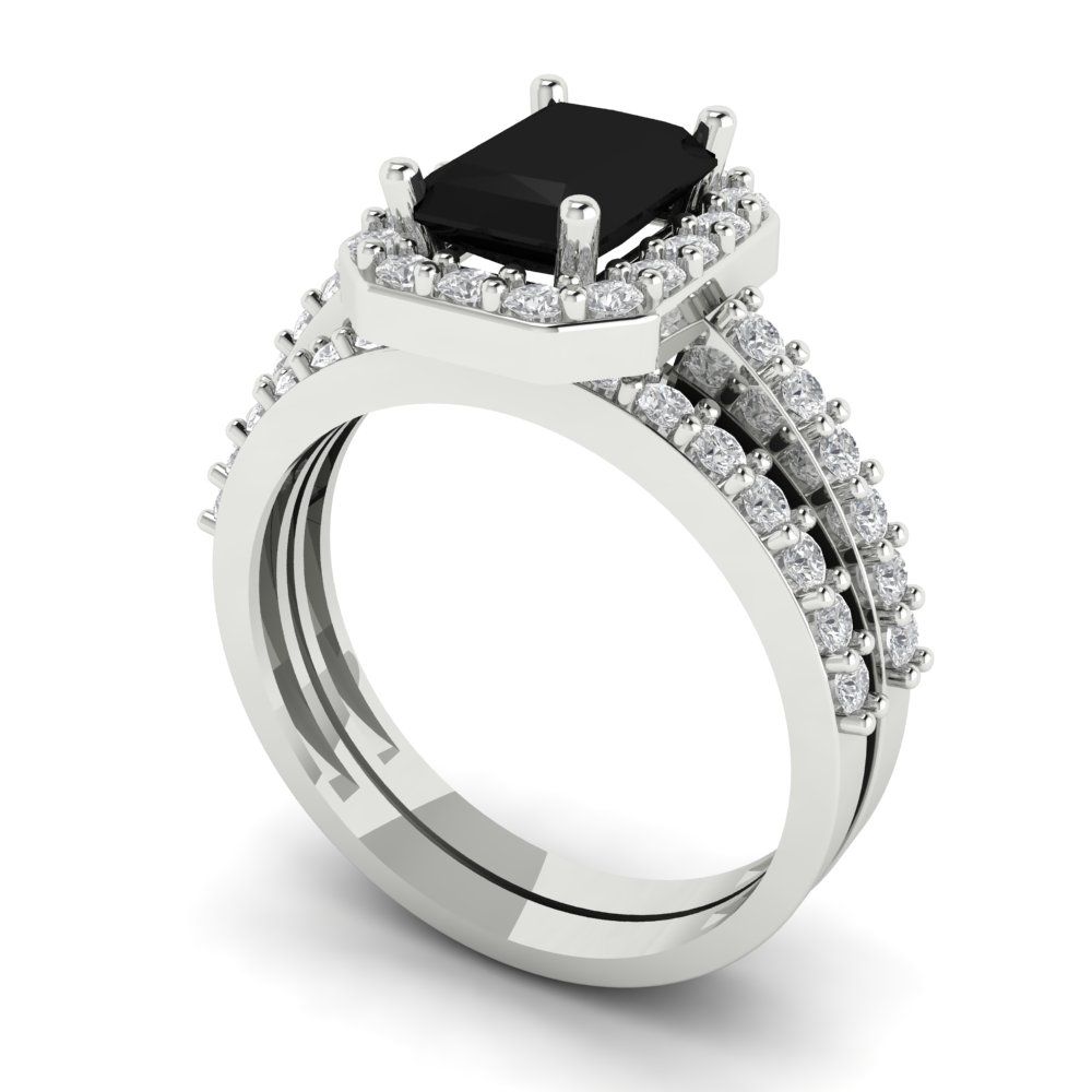 2.16 cttw Emerald Cut Natural Onyx Bridal Set - Solid White Gold Engagement Ring & Wedding Band