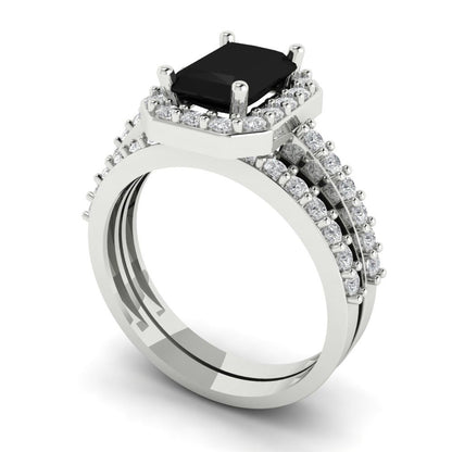 2.16 cttw Emerald Cut Natural Onyx Bridal Set - Solid White Gold Engagement Ring & Wedding Band