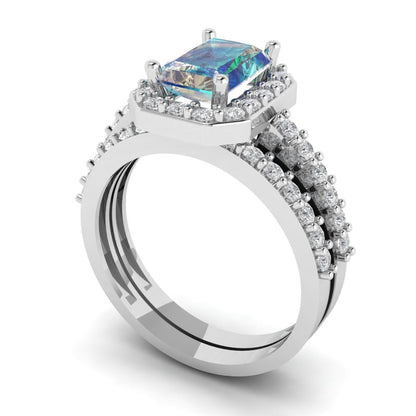 2.16 cttw Emerald Cut Blue Moissanite Bridal Set - Solid White Gold Engagement Ring & Wedding Band