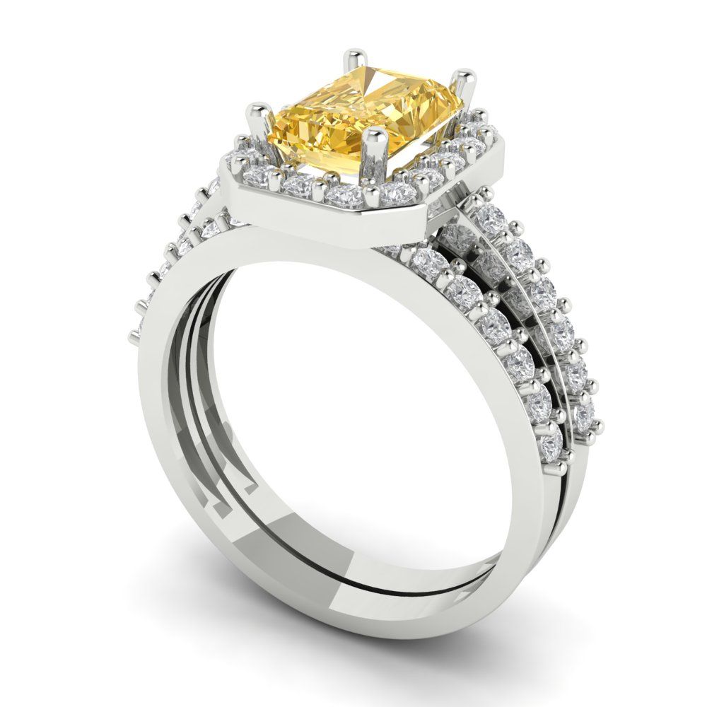 2.16 cttw Emerald Cut Yellow Moissanite Bridal Set - Solid White Gold Engagement Ring & Wedding Band