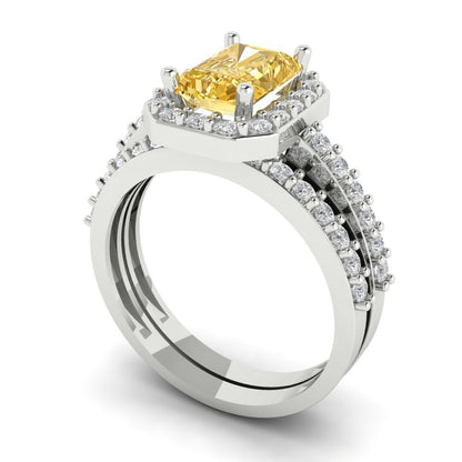 2.16 cttw Emerald Cut Yellow Moissanite Bridal Set - Solid White Gold Engagement Ring & Wedding Band