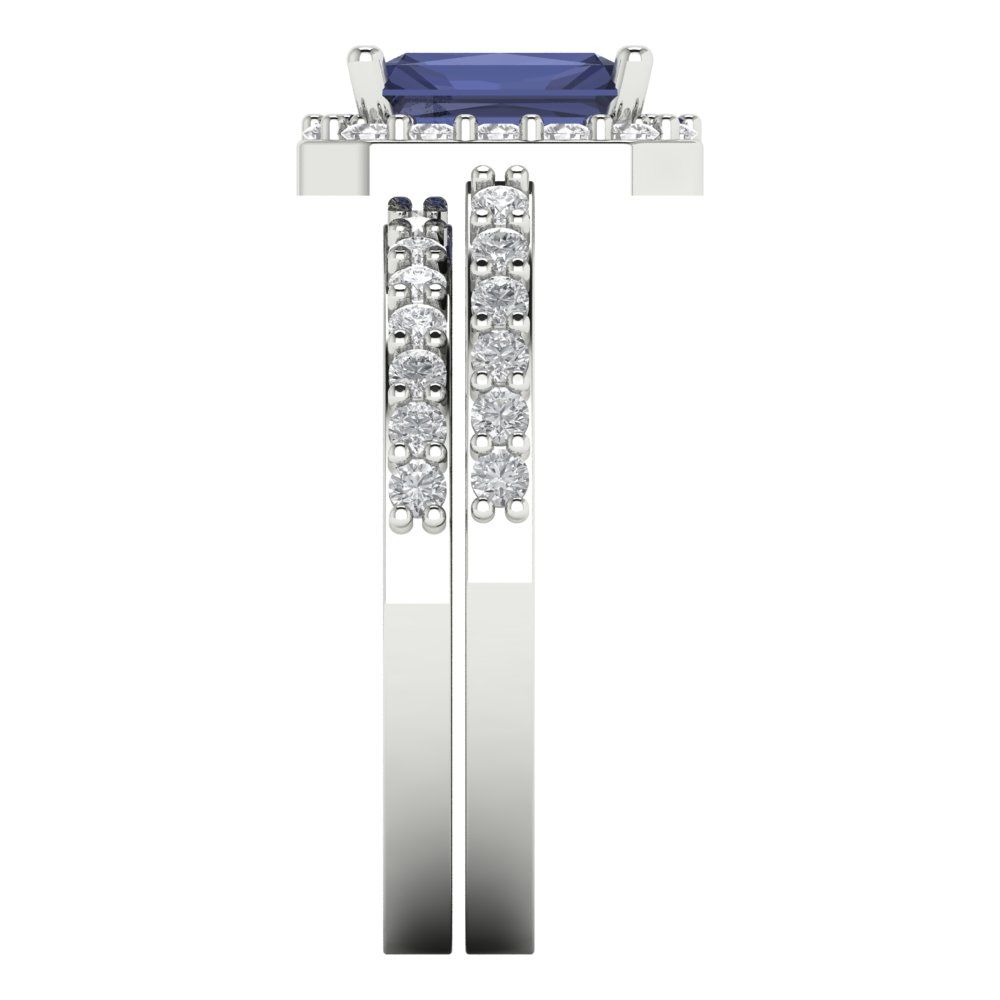 2.16 cttw Emerald Cut Simulated Blue Sapphire Bridal Set - Solid White Gold Engagement Ring & Wedding Band