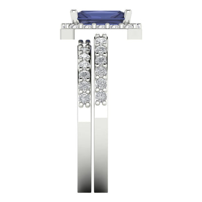 2.16 cttw Emerald Cut Simulated Blue Sapphire Bridal Set - Solid White Gold Engagement Ring & Wedding Band