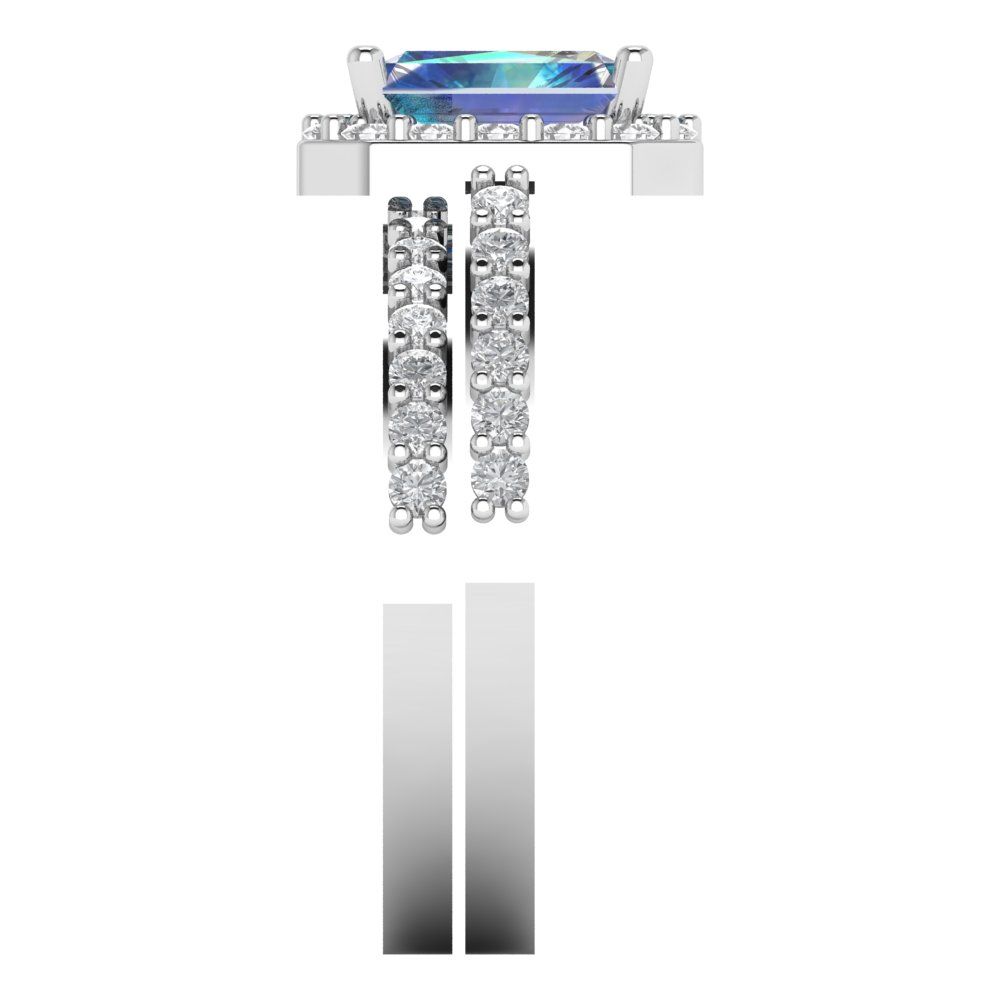 2.16 cttw Emerald Cut Blue Moissanite Bridal Set - Solid White Gold Engagement Ring & Wedding Band