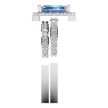 2.16 cttw Emerald Cut Blue Moissanite Bridal Set - Solid White Gold Engagement Ring & Wedding Band