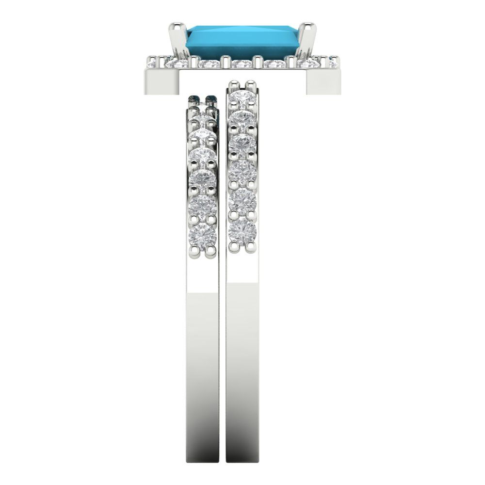 2.16 cttw Emerald Cut Simulated Turquoise Bridal Set - Solid White Gold Engagement Ring & Wedding Band