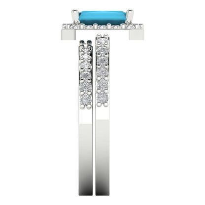 2.16 cttw Emerald Cut Simulated Turquoise Bridal Set - Solid White Gold Engagement Ring & Wedding Band