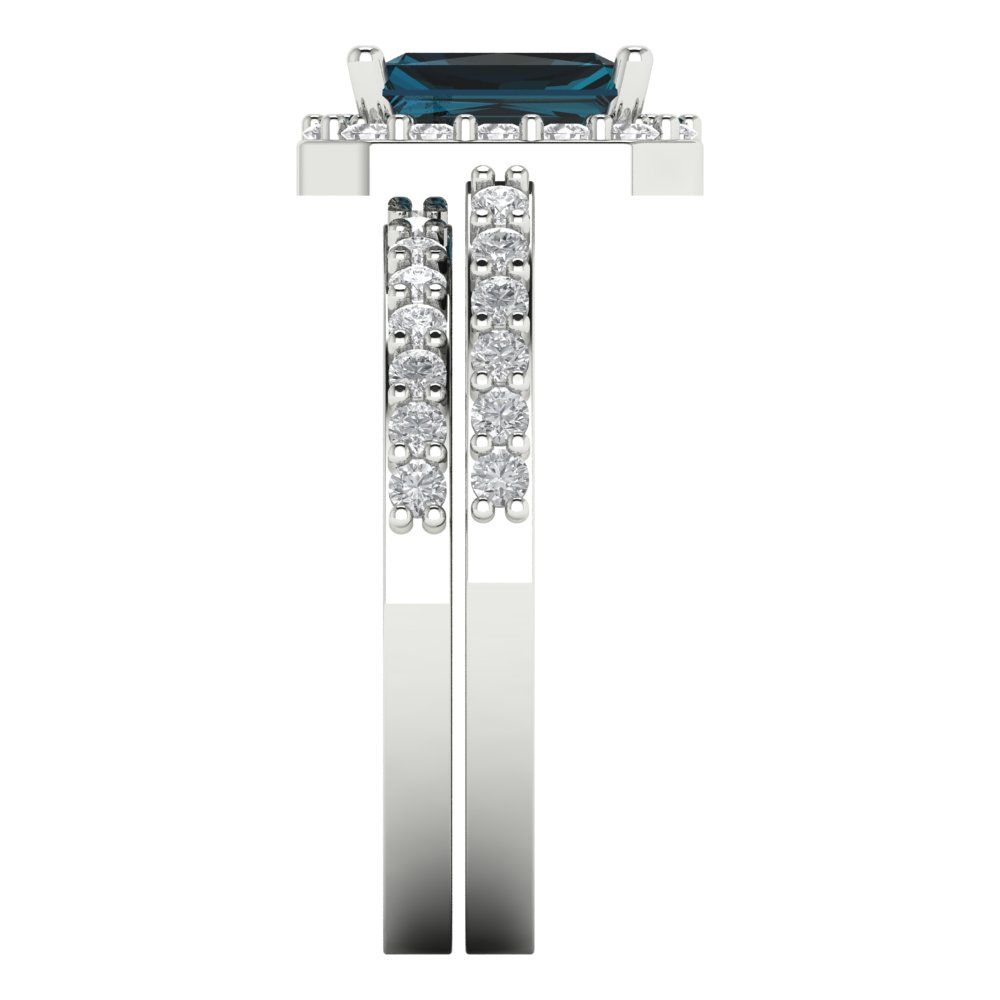 2.16 cttw Emerald Cut Natural London Blue Topaz Bridal Set - Solid White Gold Engagement Ring & Wedding Band