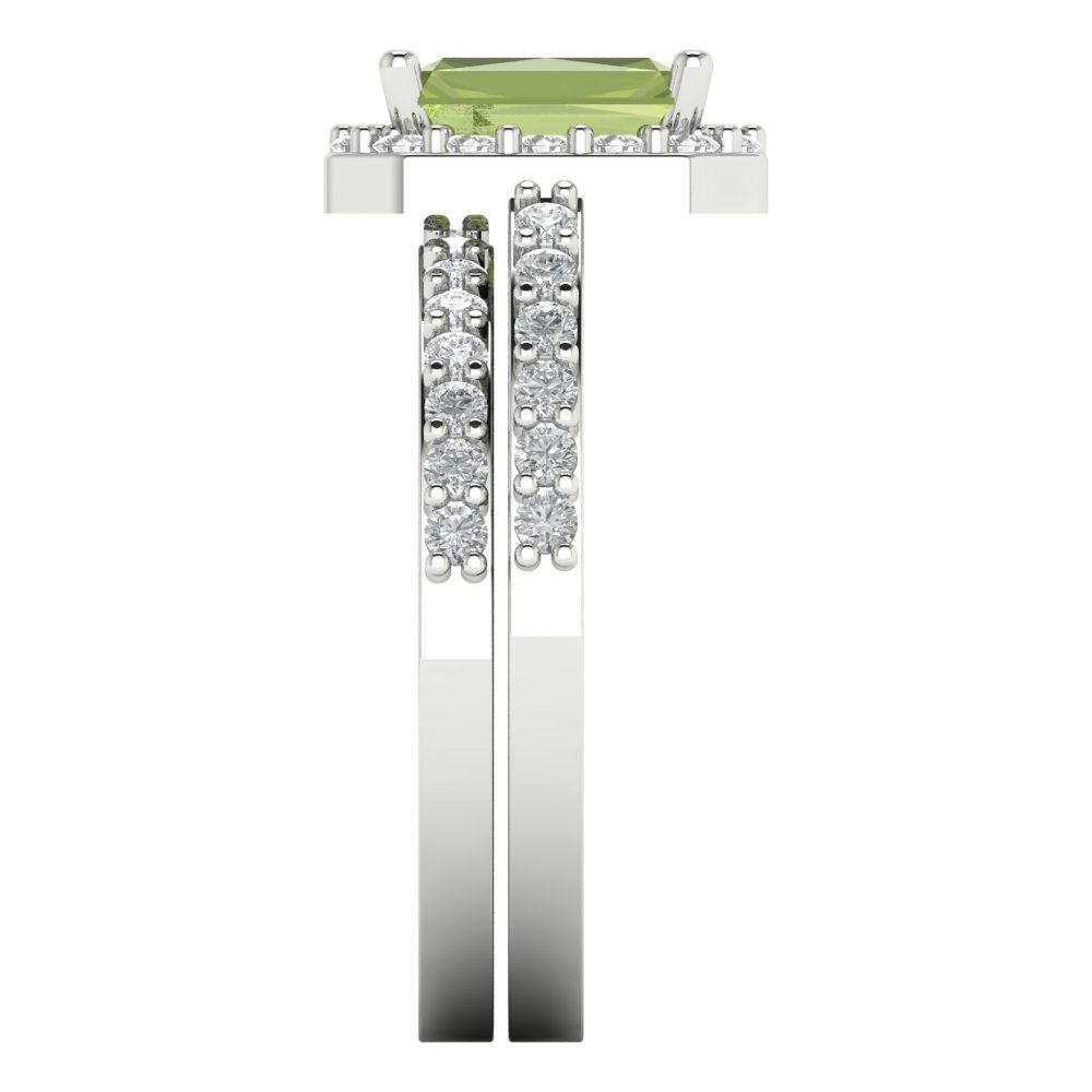 2.16 cttw Emerald Cut Natural Peridot Bridal Set - Solid White Gold Engagement Ring & Wedding Band