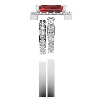 2.16 cttw Emerald Cut Natural Garnet Bridal Set - Solid White Gold Engagement Ring & Wedding Band