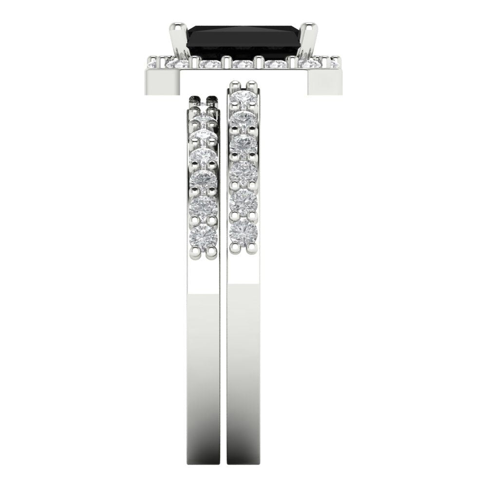 2.16 cttw Emerald Cut Natural Onyx Bridal Set - Solid White Gold Engagement Ring & Wedding Band