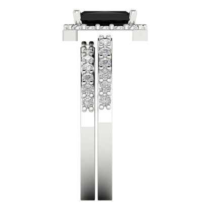 2.16 cttw Emerald Cut Natural Onyx Bridal Set - Solid White Gold Engagement Ring & Wedding Band