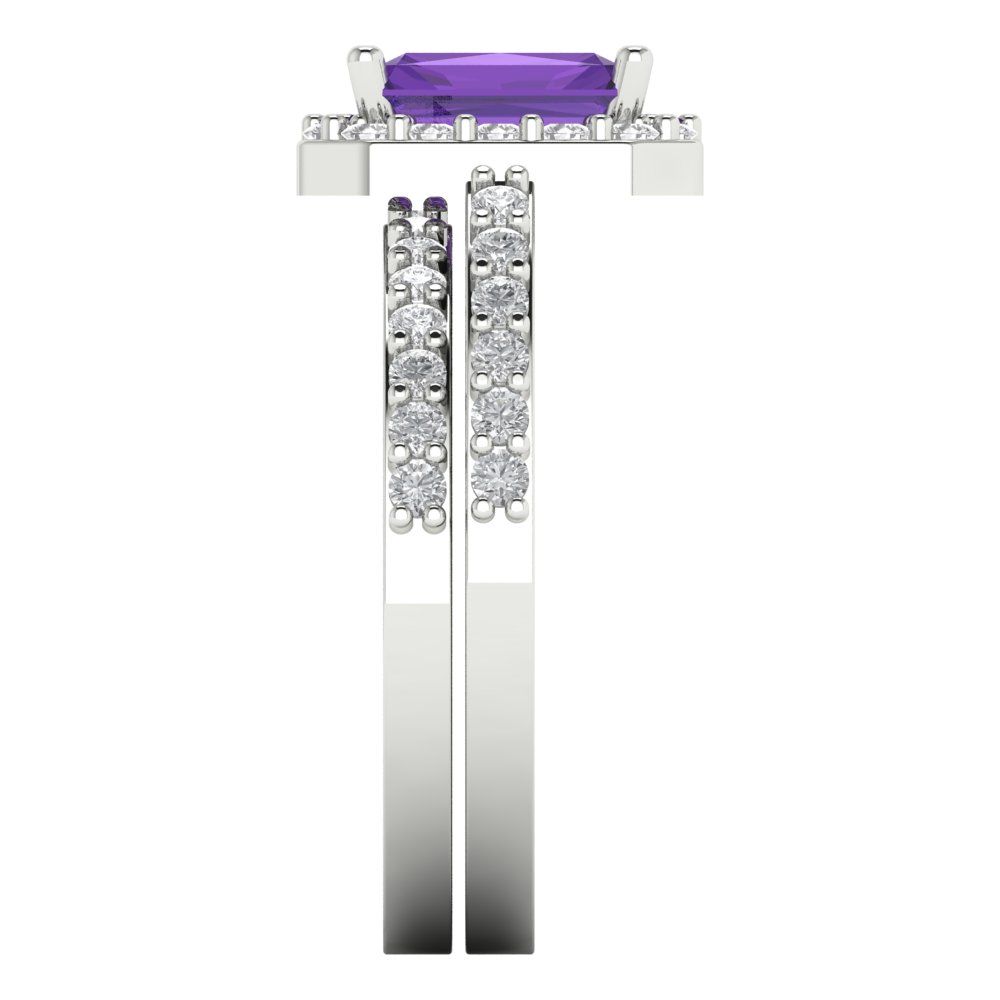 2.16 cttw Emerald Cut Natural Amethyst Bridal Set - Solid White Gold Engagement Ring & Wedding Band