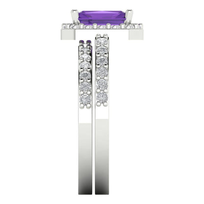 2.16 cttw Emerald Cut Natural Amethyst Bridal Set - Solid White Gold Engagement Ring & Wedding Band