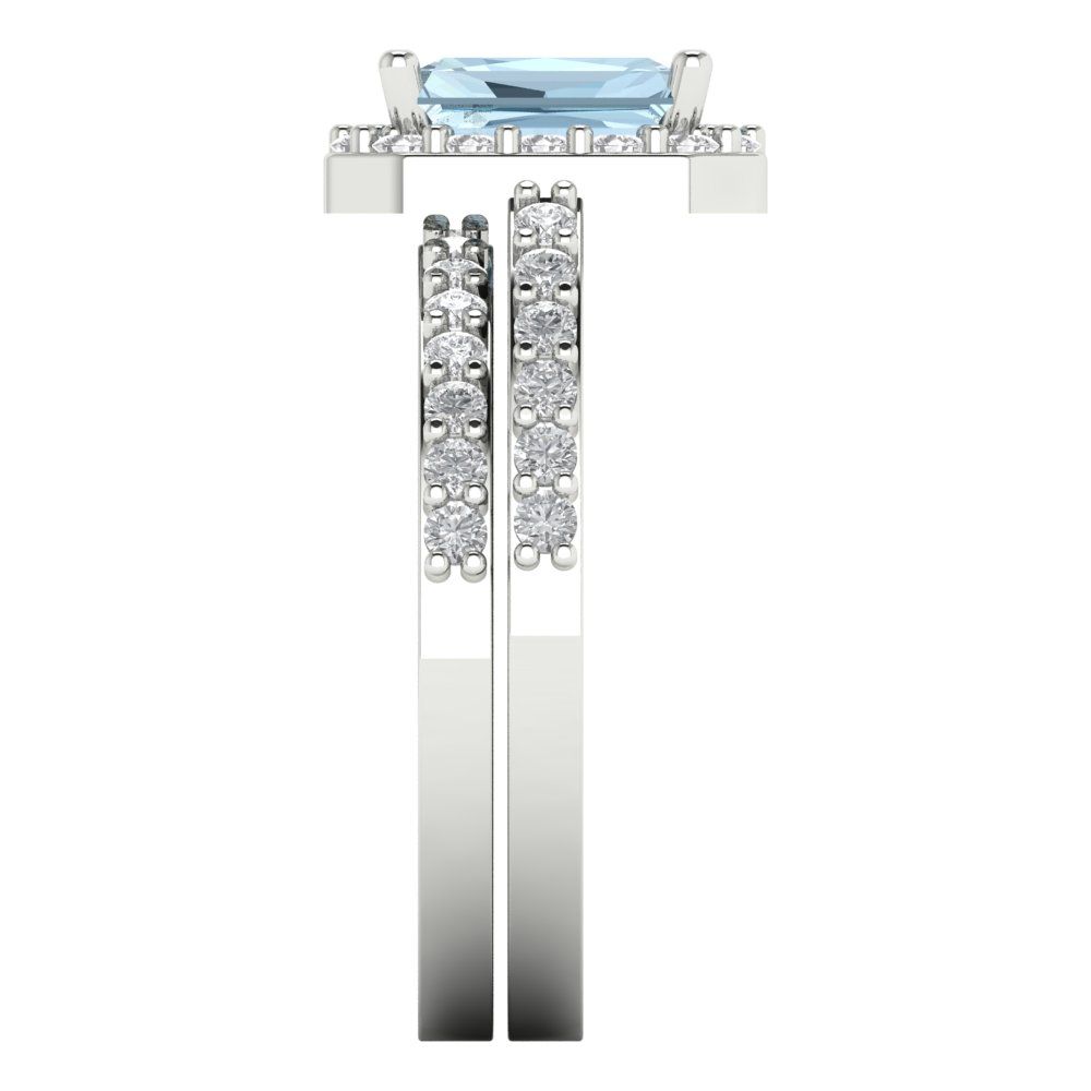 2.16 cttw Emerald Cut Natural Sky Blue Topaz Bridal Set - Solid White Gold Engagement Ring & Wedding Band