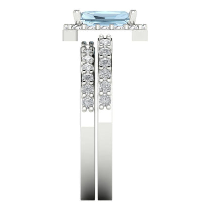 2.16 cttw Emerald Cut Natural Sky Blue Topaz Bridal Set - Solid White Gold Engagement Ring & Wedding Band