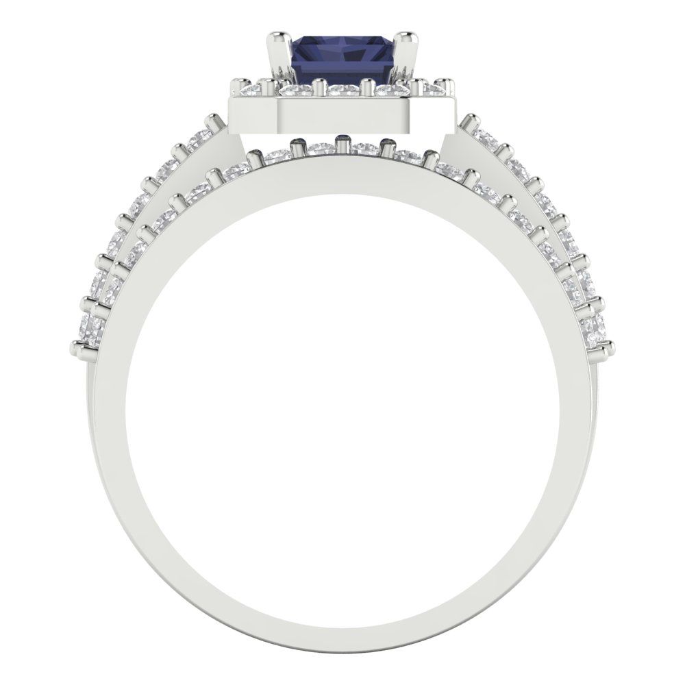 2.16 cttw Emerald Cut Simulated Blue Sapphire Bridal Set - Solid White Gold Engagement Ring & Wedding Band