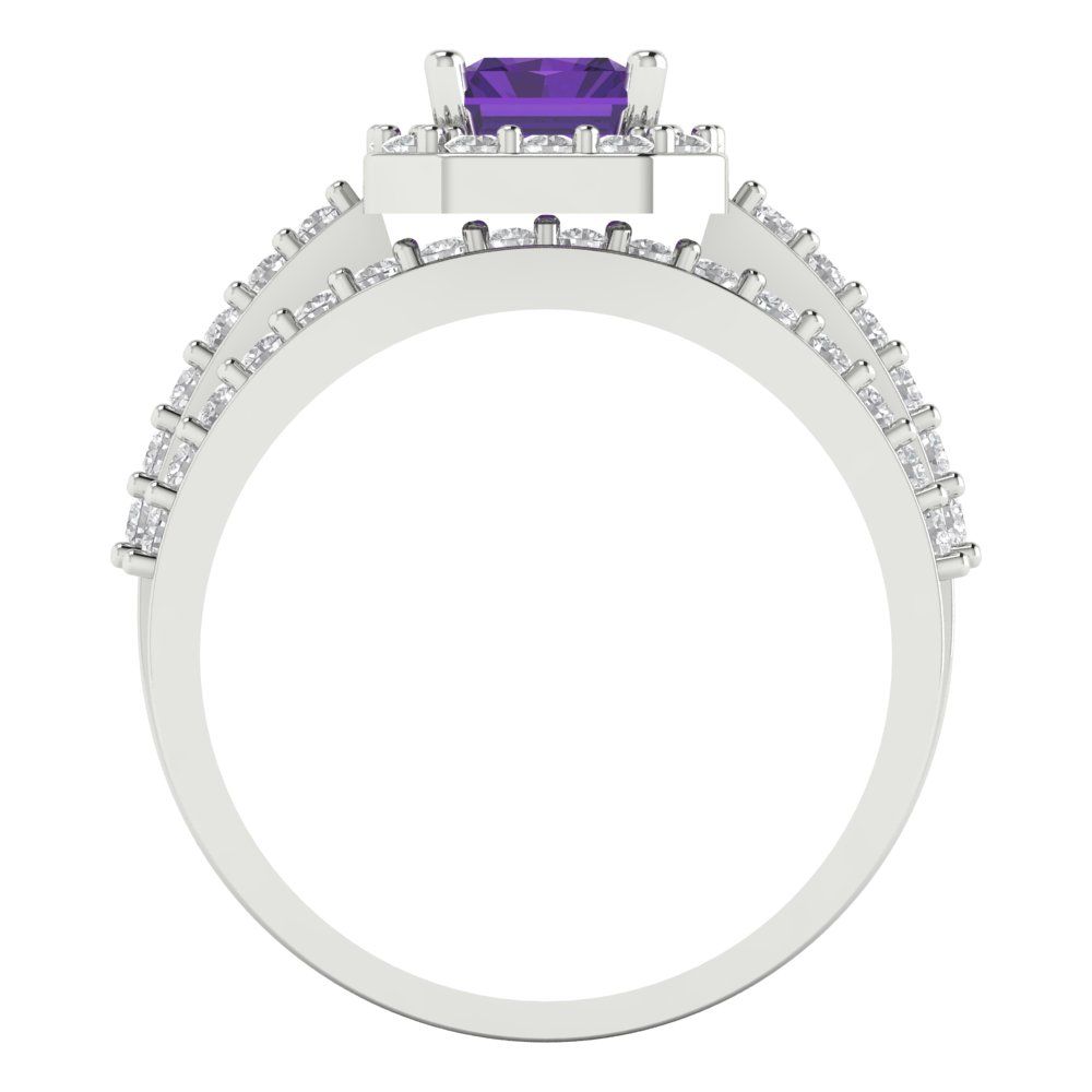 2.16 cttw Emerald Cut Natural Amethyst Bridal Set - Solid White Gold Engagement Ring & Wedding Band
