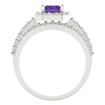 2.16 cttw Emerald Cut Natural Amethyst Bridal Set - Solid White Gold Engagement Ring & Wedding Band