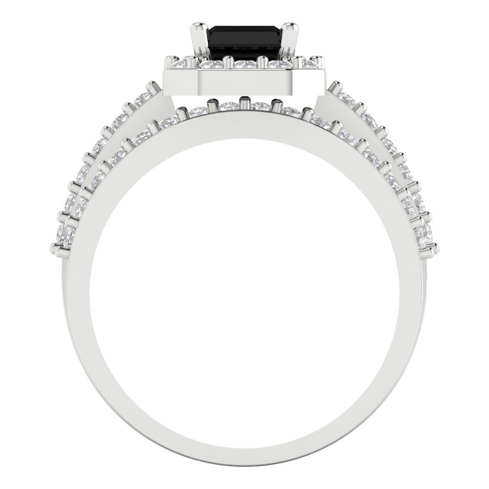 2.16 cttw Emerald Cut Natural Onyx Bridal Set - Solid White Gold Engagement Ring & Wedding Band