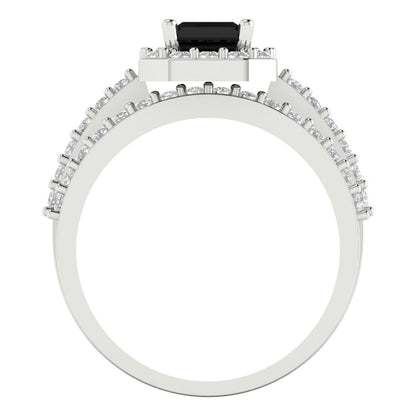 2.16 cttw Emerald Cut Natural Onyx Bridal Set - Solid White Gold Engagement Ring & Wedding Band