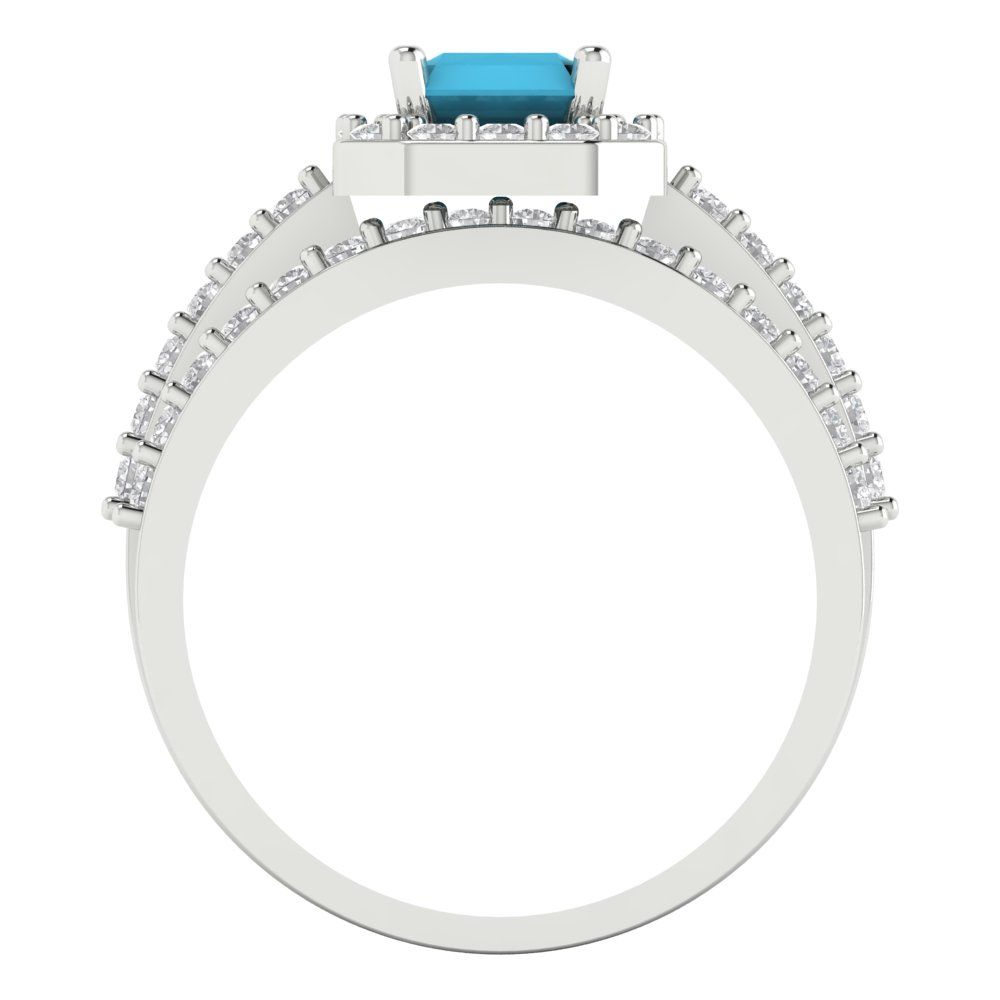 2.16 cttw Emerald Cut Simulated Turquoise Bridal Set - Solid White Gold Engagement Ring & Wedding Band