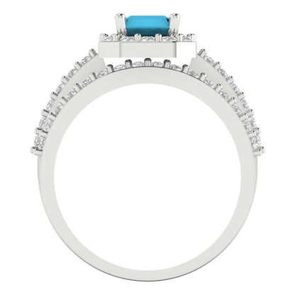 2.16 cttw Emerald Cut Simulated Turquoise Bridal Set - Solid White Gold Engagement Ring & Wedding Band