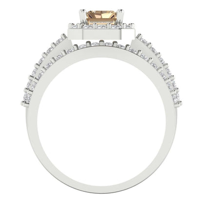 2.16 cttw Emerald Cut Yellow Moissanite Bridal Set - Solid White Gold Engagement Ring & Wedding Band