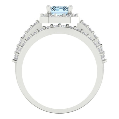 2.16 cttw Emerald Cut Natural Sky Blue Topaz Bridal Set - Solid White Gold Engagement Ring & Wedding Band