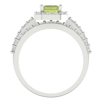 2.16 cttw Emerald Cut Natural Peridot Bridal Set - Solid White Gold Engagement Ring & Wedding Band